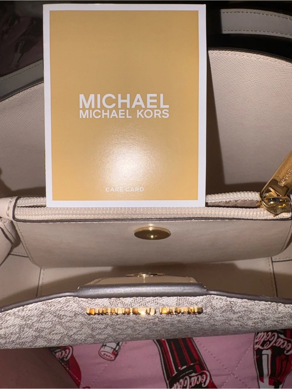 Michael Kors Signature Logo Tote in Beige and White with Gold Hardware
